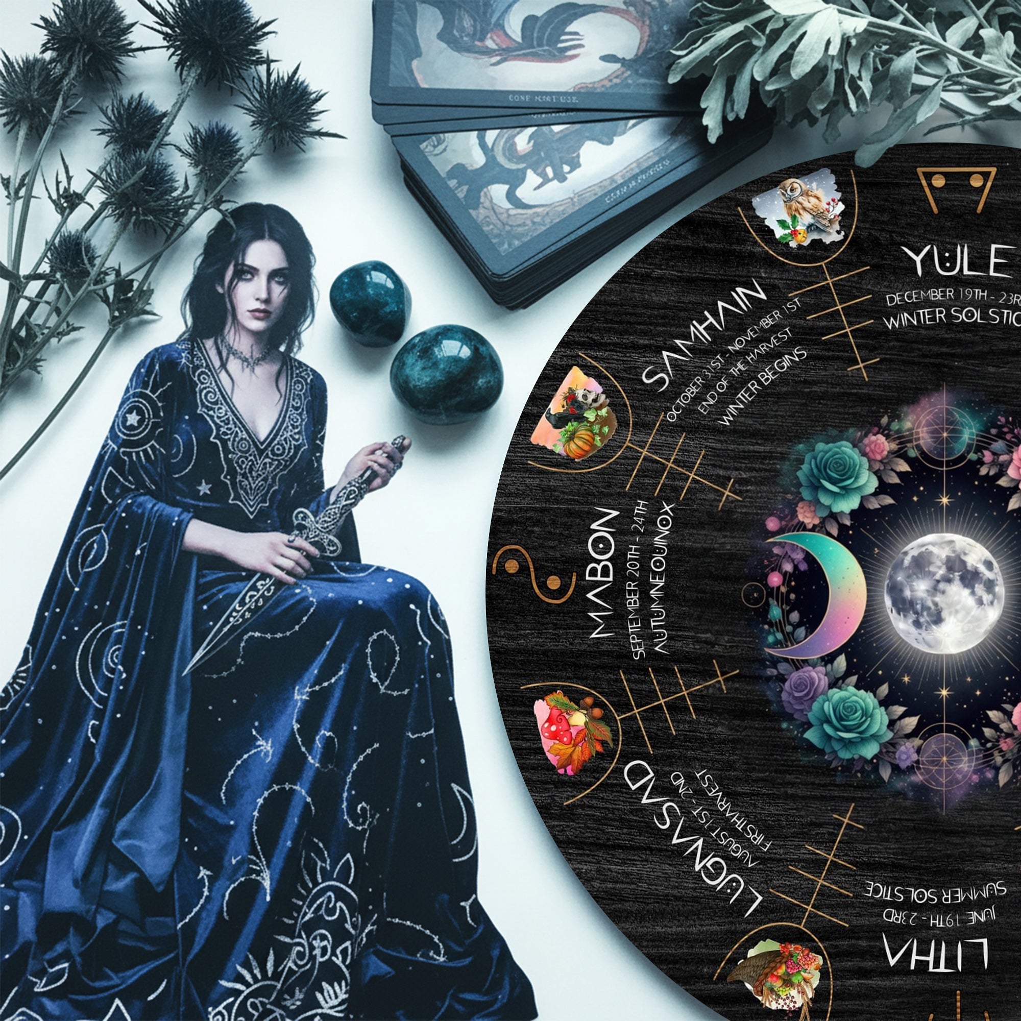 Floral Moon Wheel of the Year Wooden Pagan Wall Decor