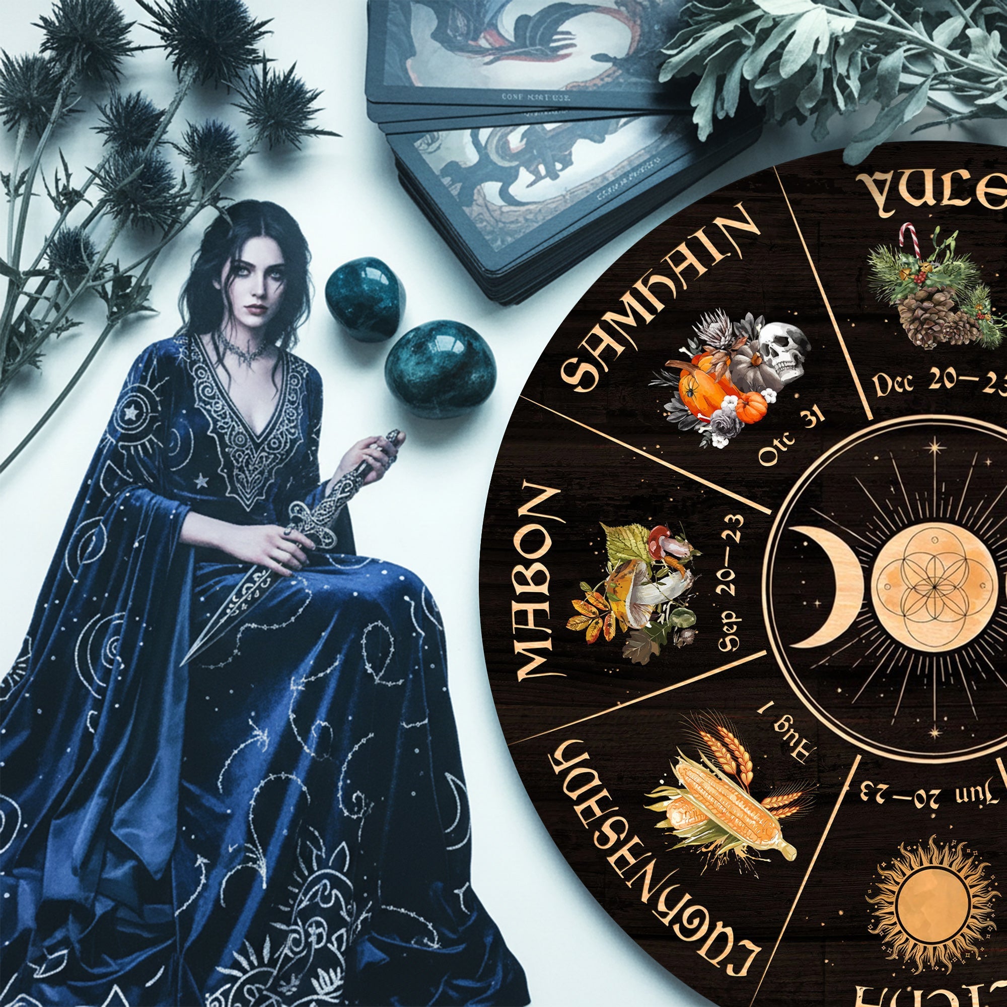 Triple Moon Seasonal Wheel of the Year Wooden Wall Art