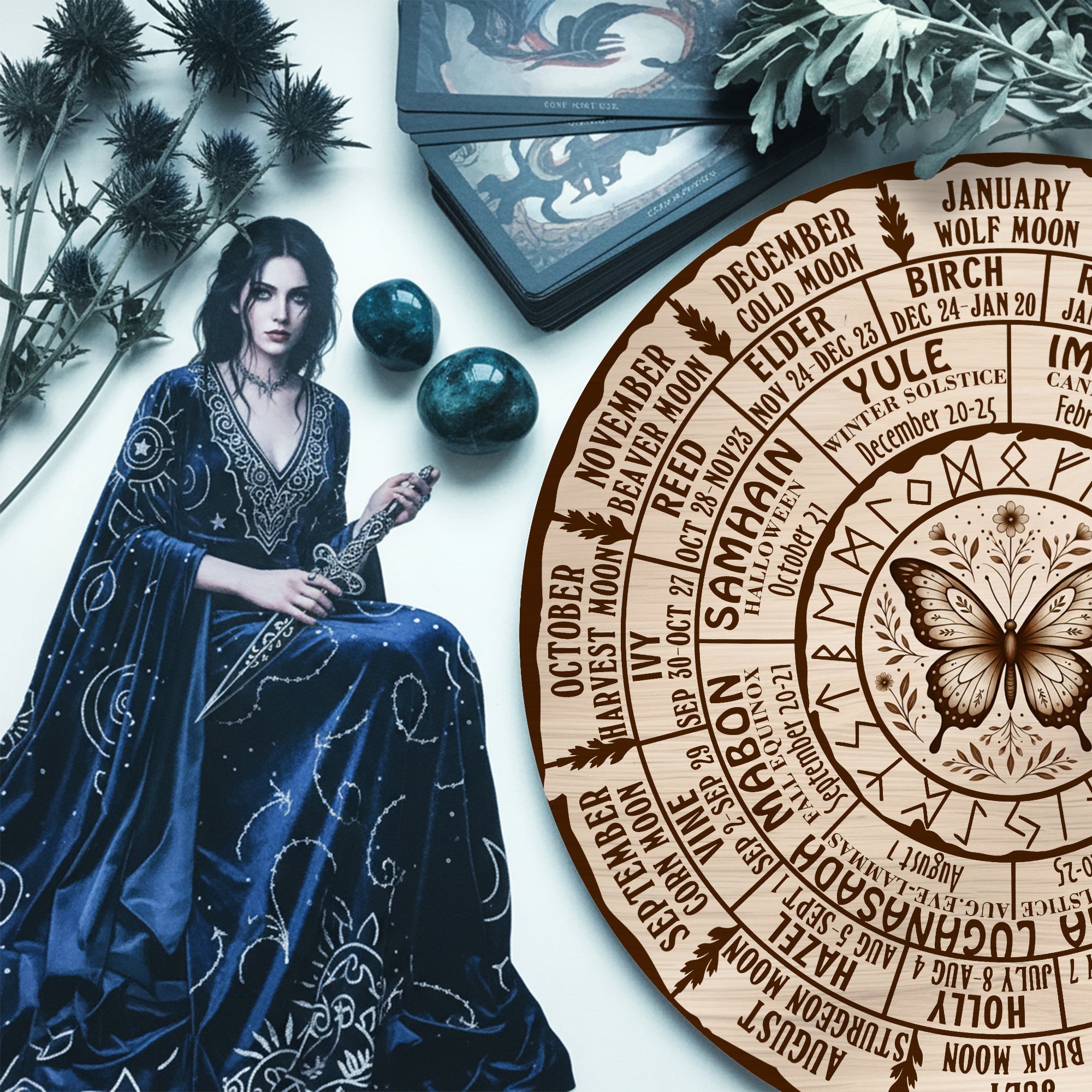 Butterfly Engraved Wheel of the Year Wooden Decor