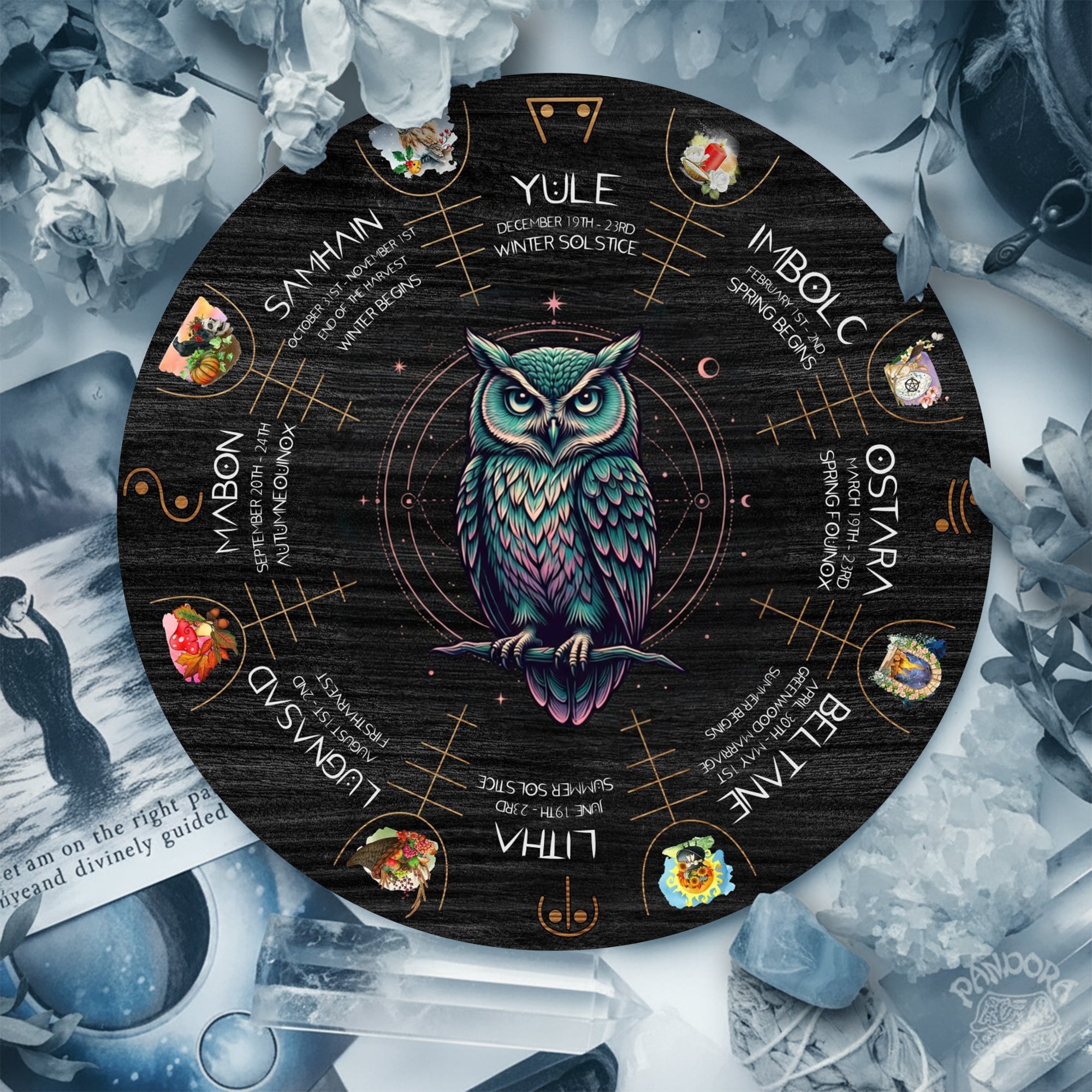 Mystic Owl Wheel of the Year Wooden Pagan Wall Art
