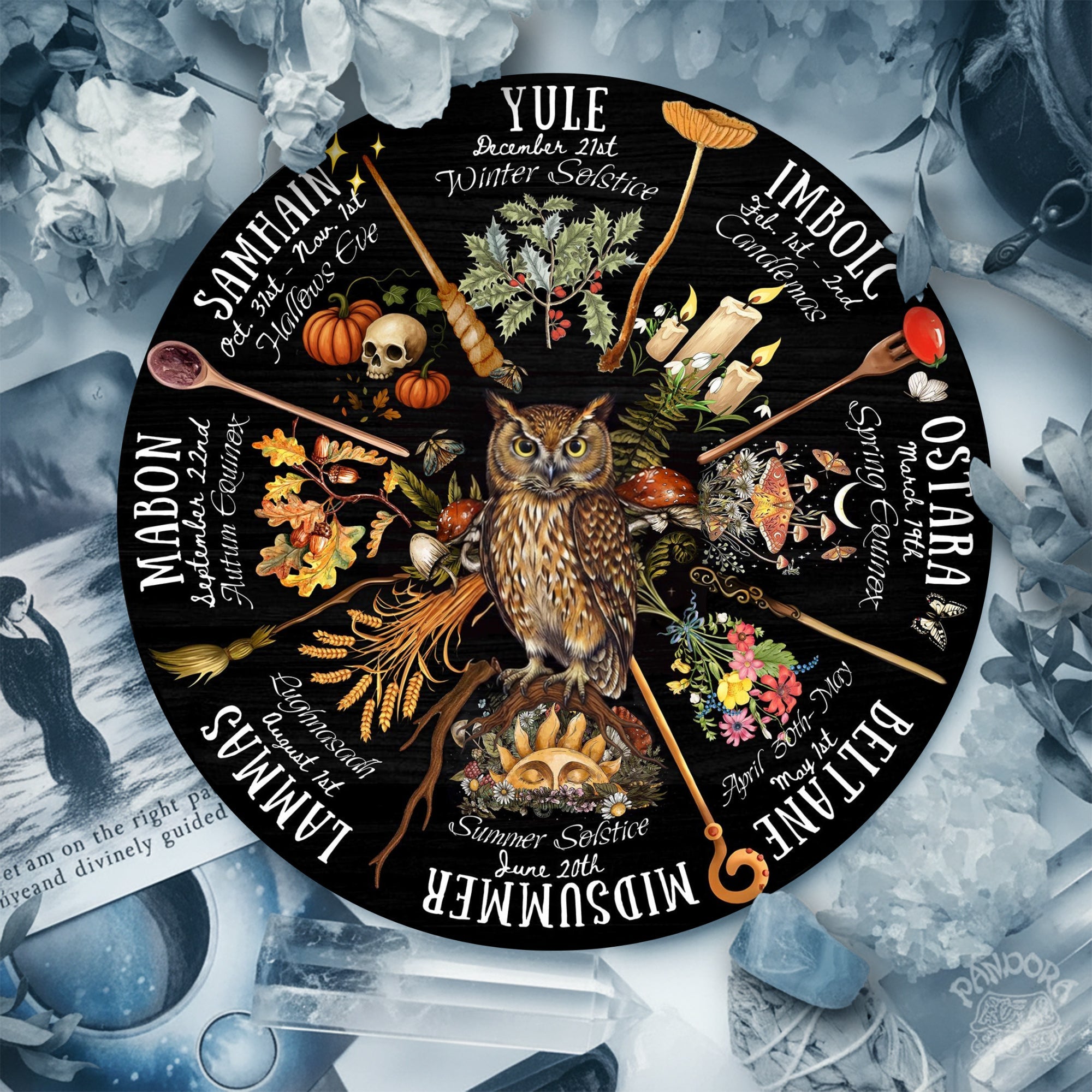 Owl Dark Seasonal Wheel of the Year Wooden Wall Decor