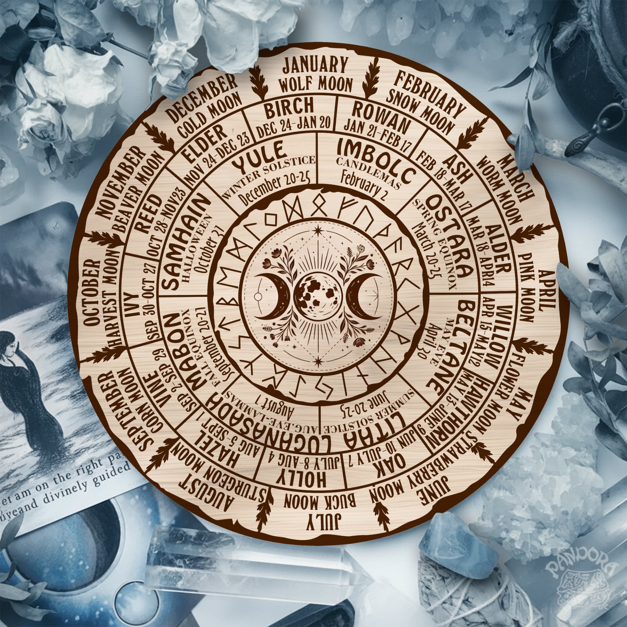 Moon Engraved Wheel of the Year Wooden Wall Decor