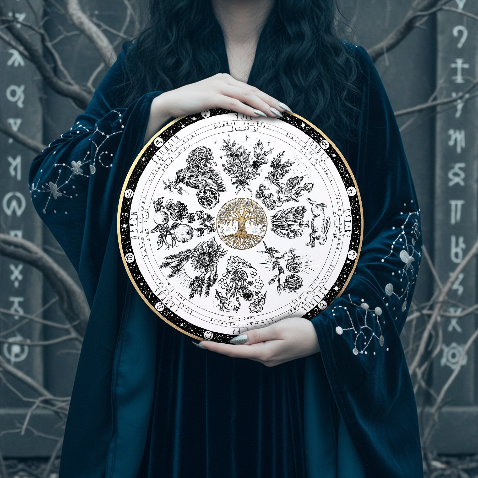 Vintage Botanical Wheel of the Year Wooden Wall Art