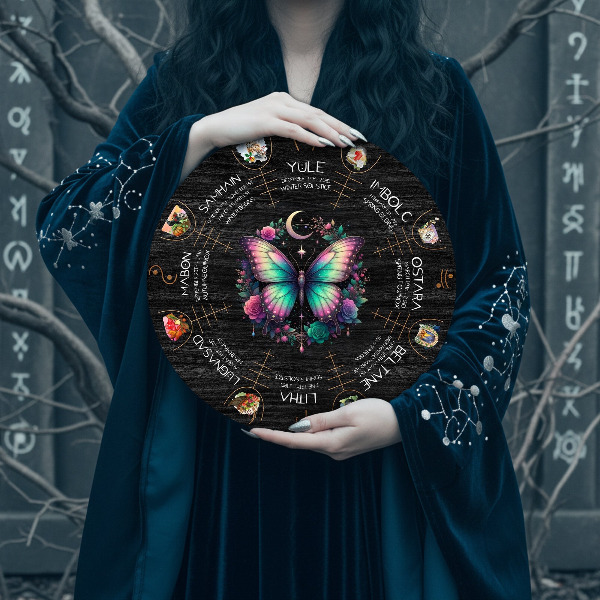 Colorful Butterfly Wheel of the Year Wooden Wall Art