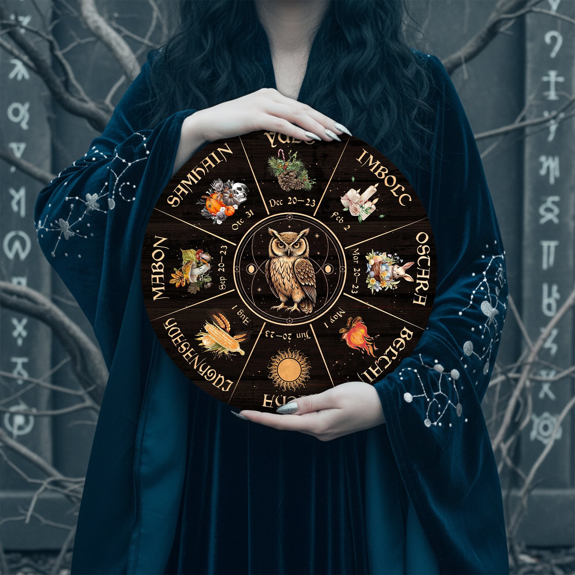 Owl Seasonal Wheel of the Year Wooden Pagan Wall Decor