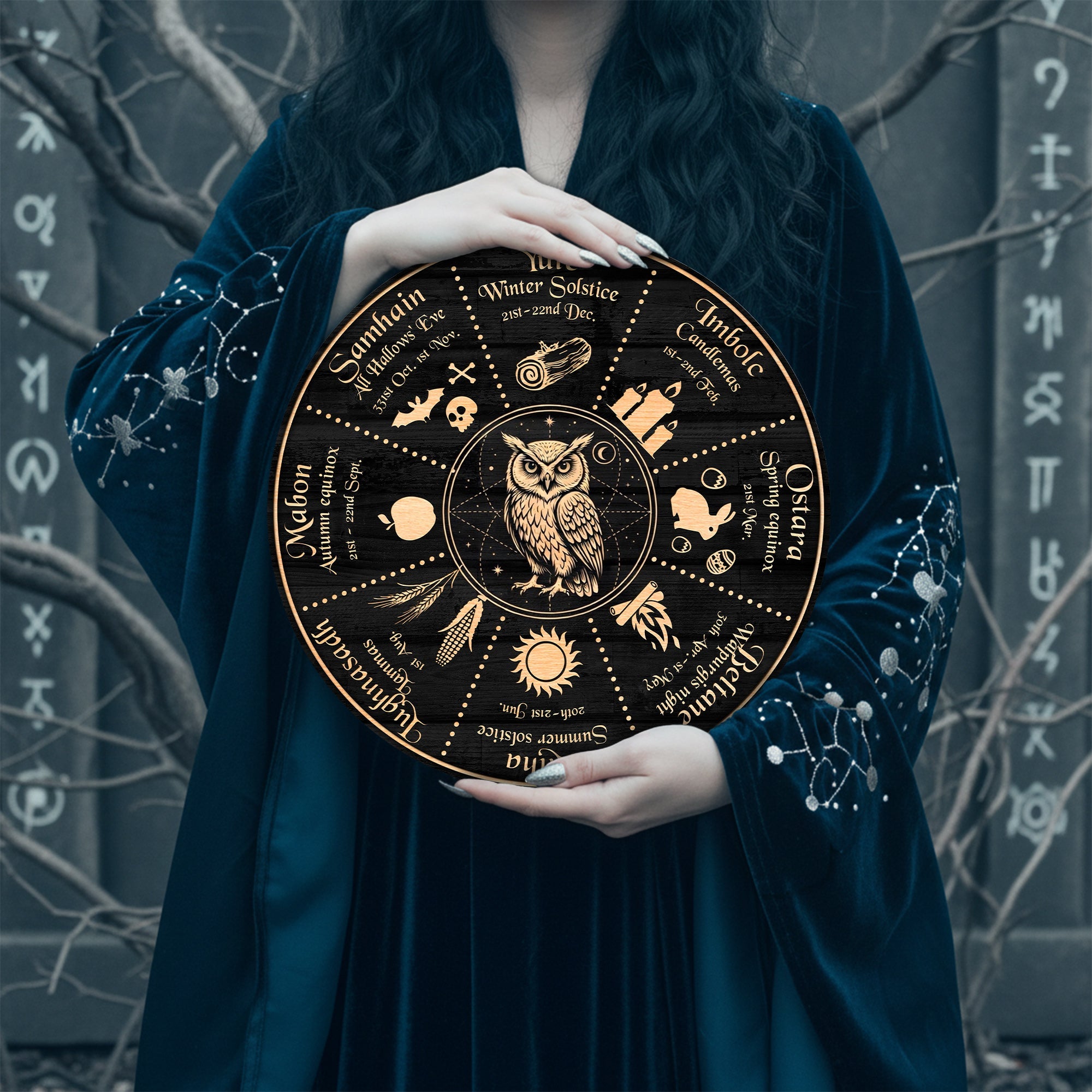 Owl Symbol Wheel of the Year Wooden Pagan Wall Decor