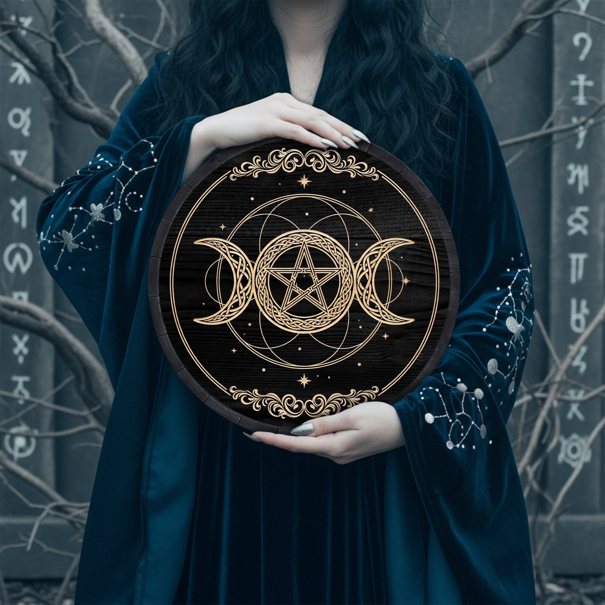 Triple Moon Wheel of the Year Wooden Wiccan Wall Art