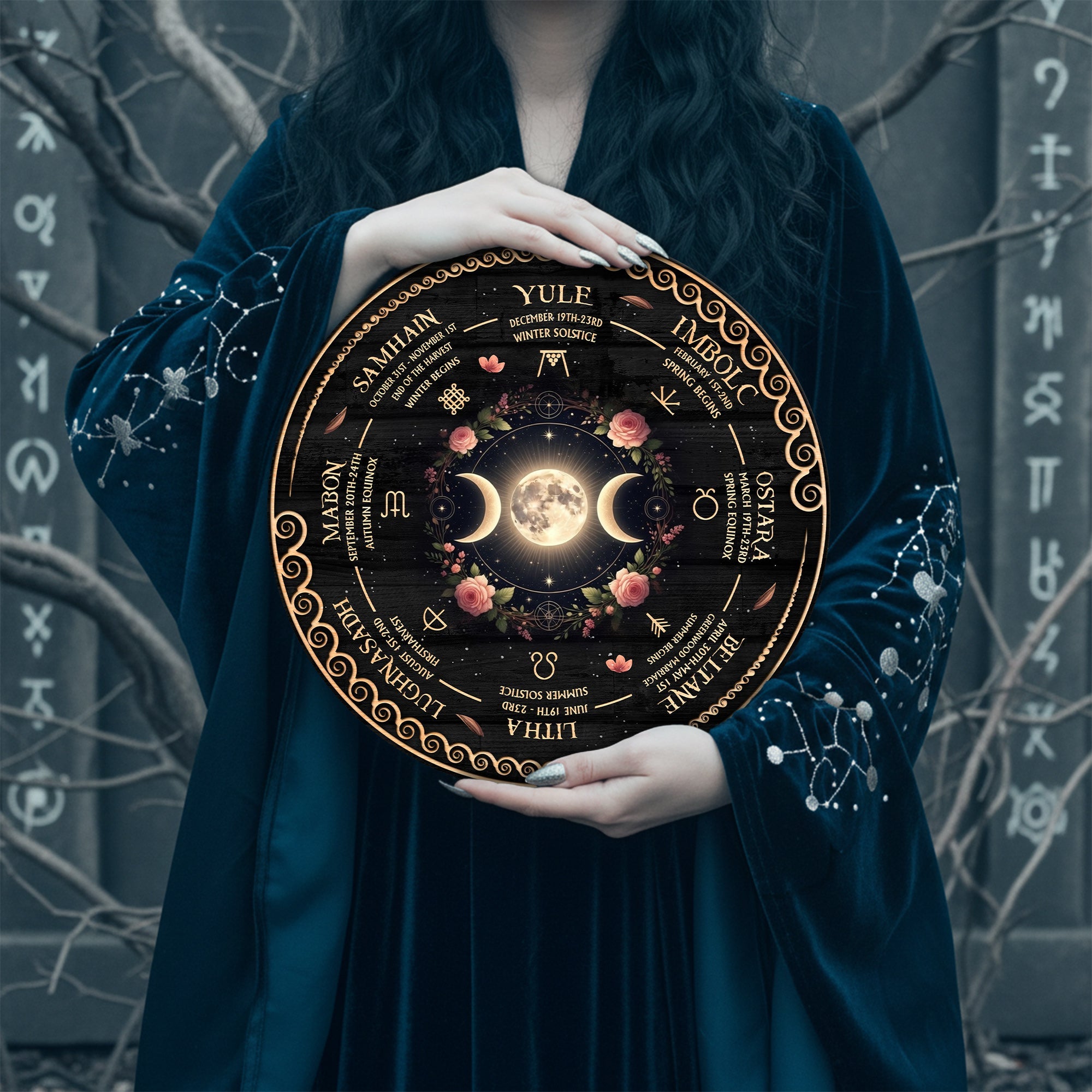 Triple Moon Floral Wheel of the Year Wooden Pagan Decor