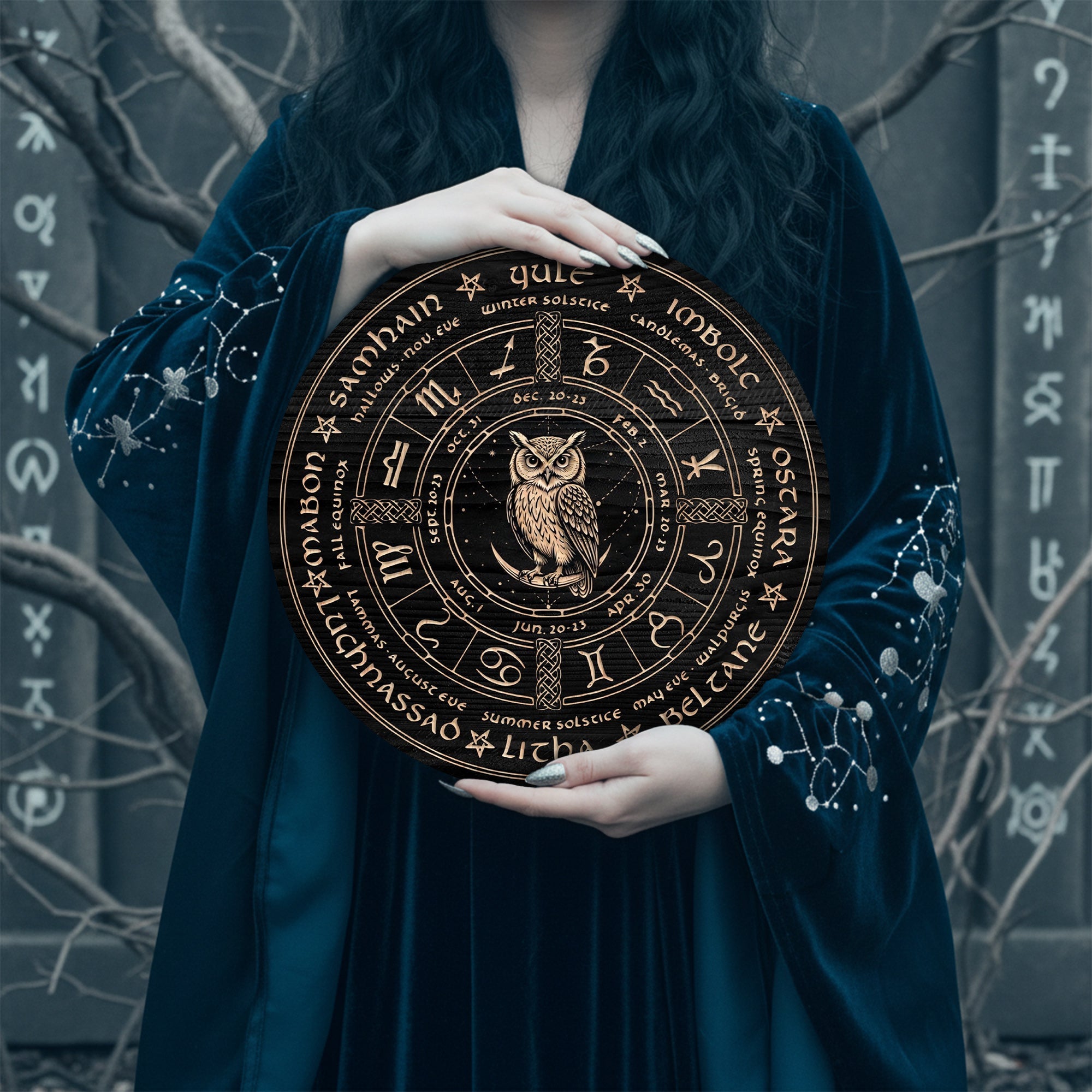 Owl Zodiac Wheel of the Year Wooden Pagan Wall Decor