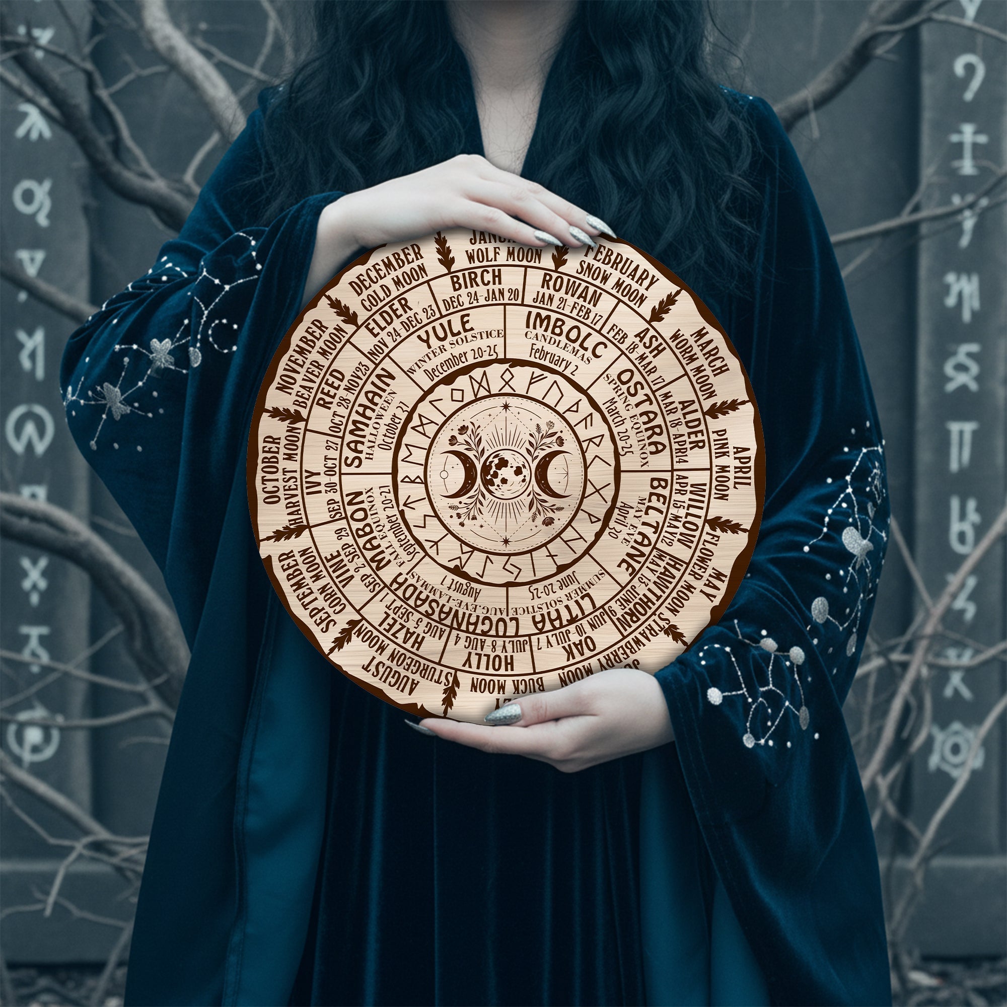 Moon Engraved Wheel of the Year Wooden Wall Decor