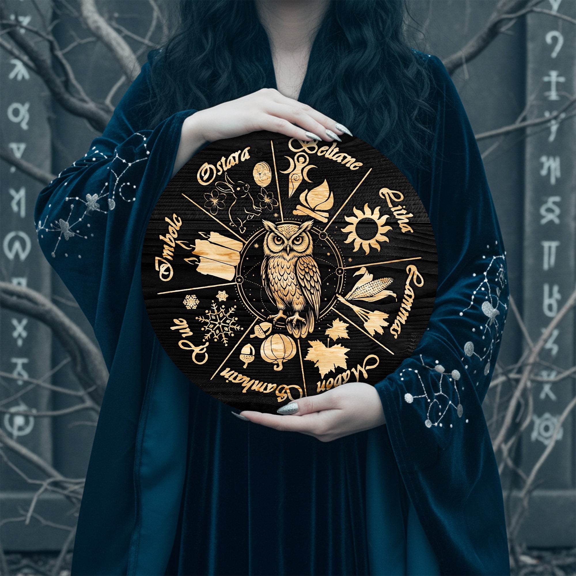 Owl Seasonal Wheel of the Year Wooden Pagan Wall Decor