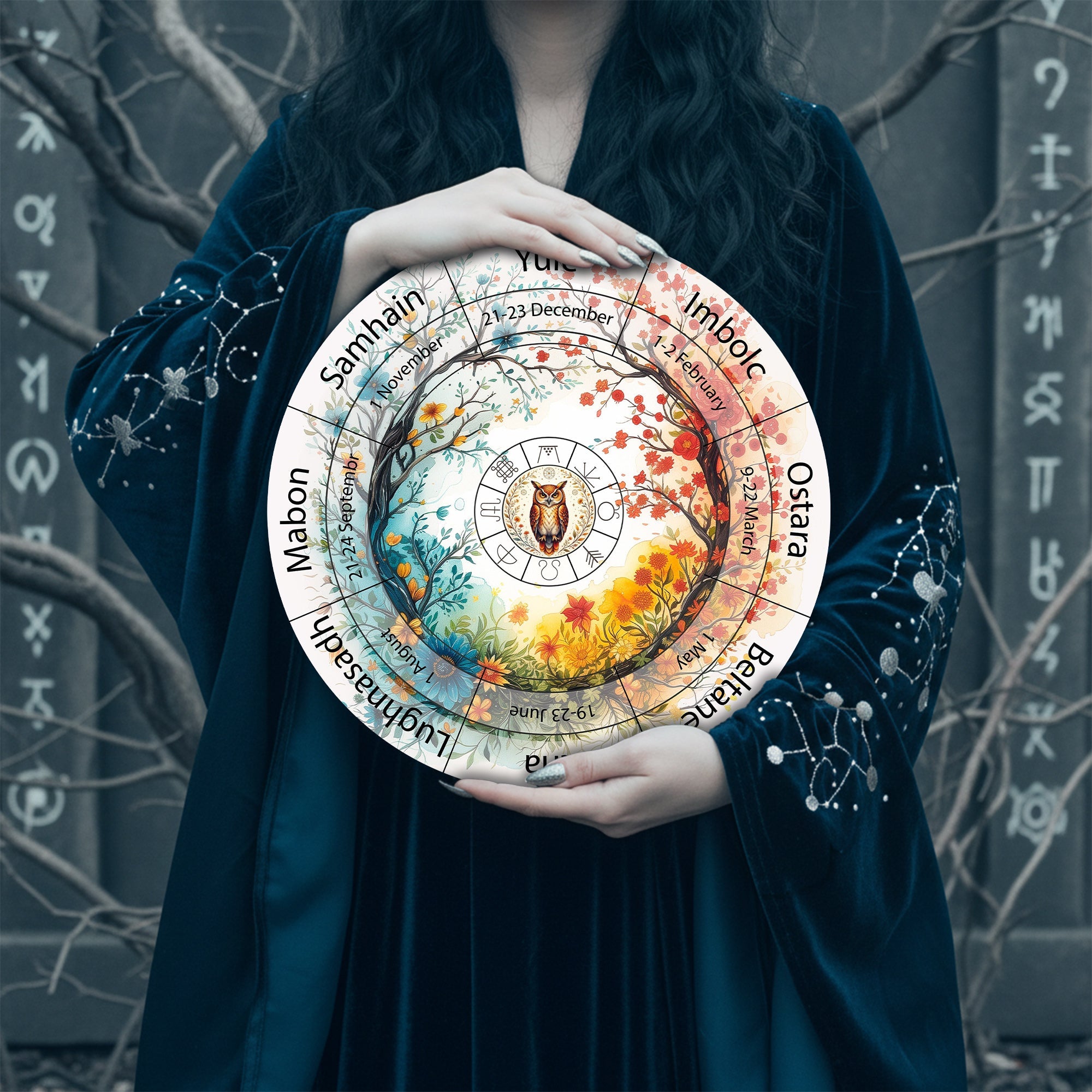 Colorful Owl Wheel of the Year Wooden Spiritual Decor