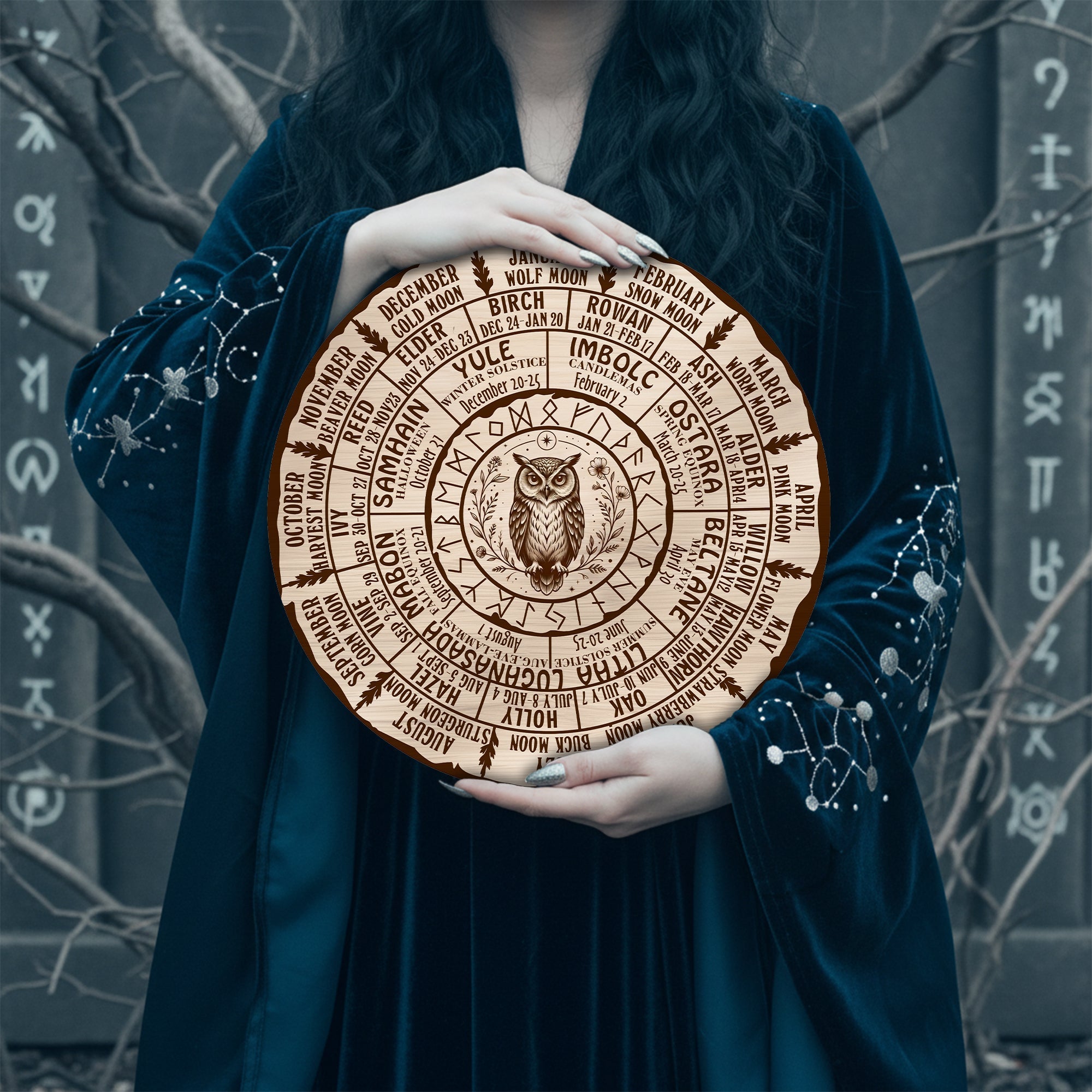 Owl Engraved Wheel of the Year Wooden Pagan Decor