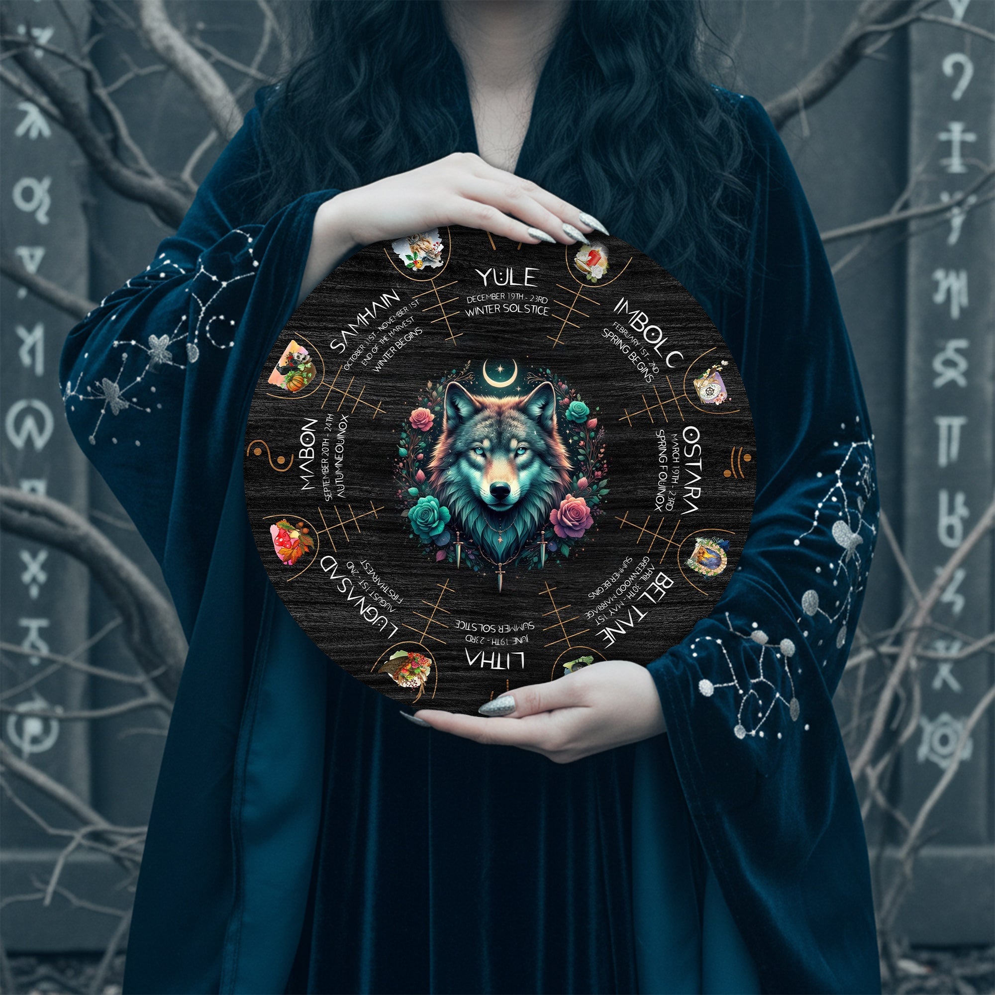Mystic Wolf Wheel of the Year Wooden Pagan Wall Decor