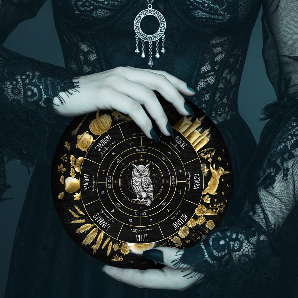 Black Gold Owl Wheel of the Year Wooden Pagan Wall Art