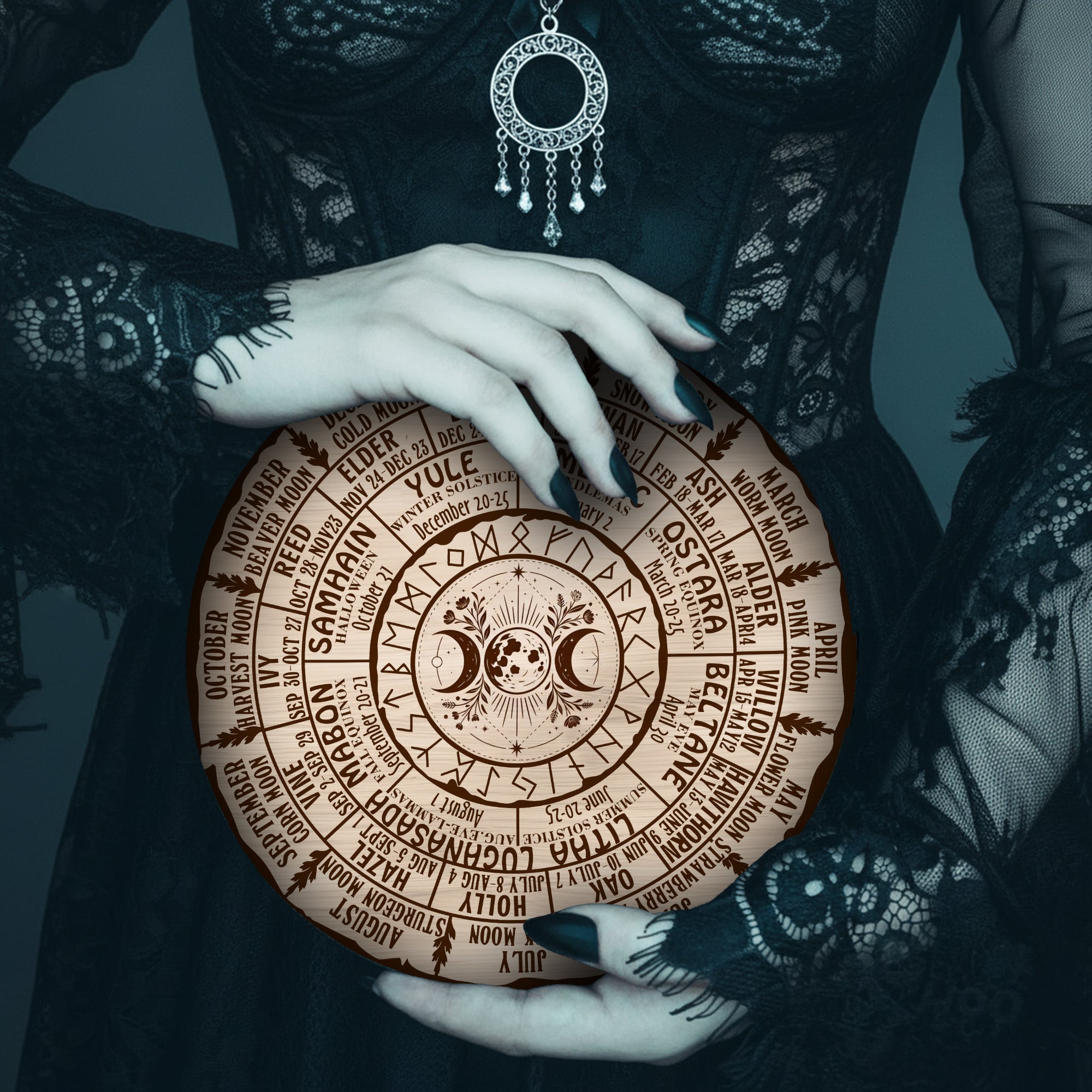 Moon Engraved Wheel of the Year Wooden Wall Decor