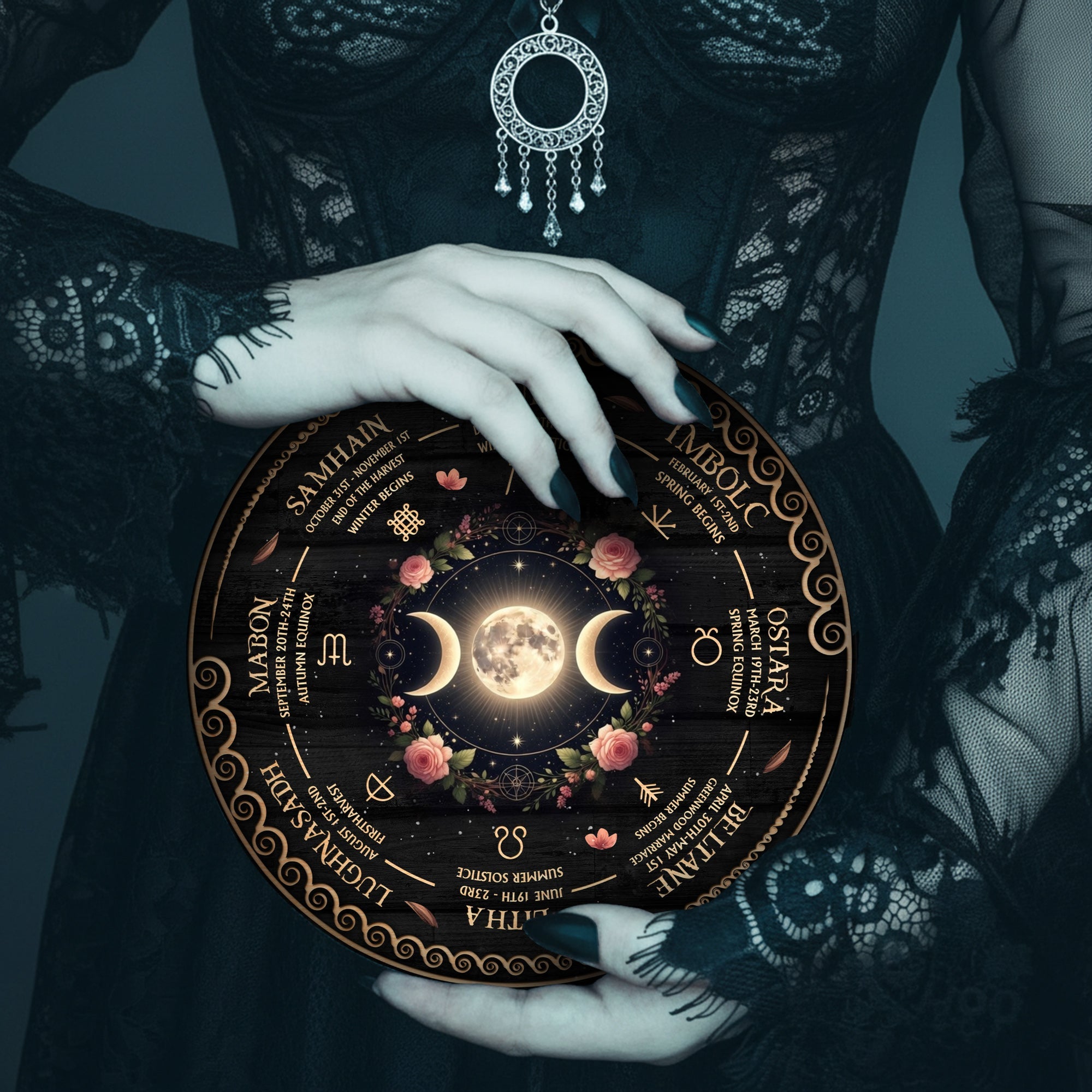 Triple Moon Floral Wheel of the Year Wooden Pagan Decor