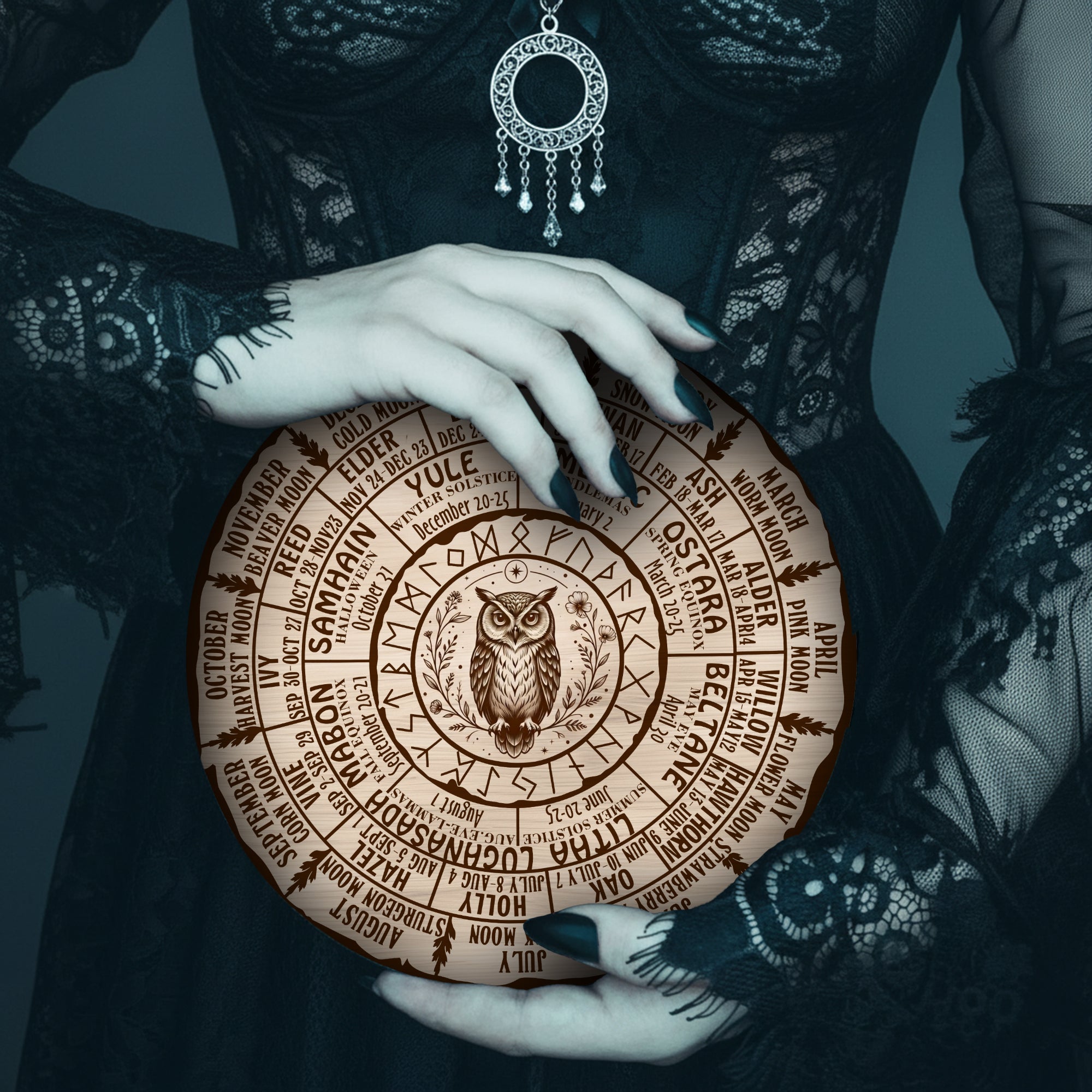 Owl Engraved Wheel of the Year Wooden Pagan Decor