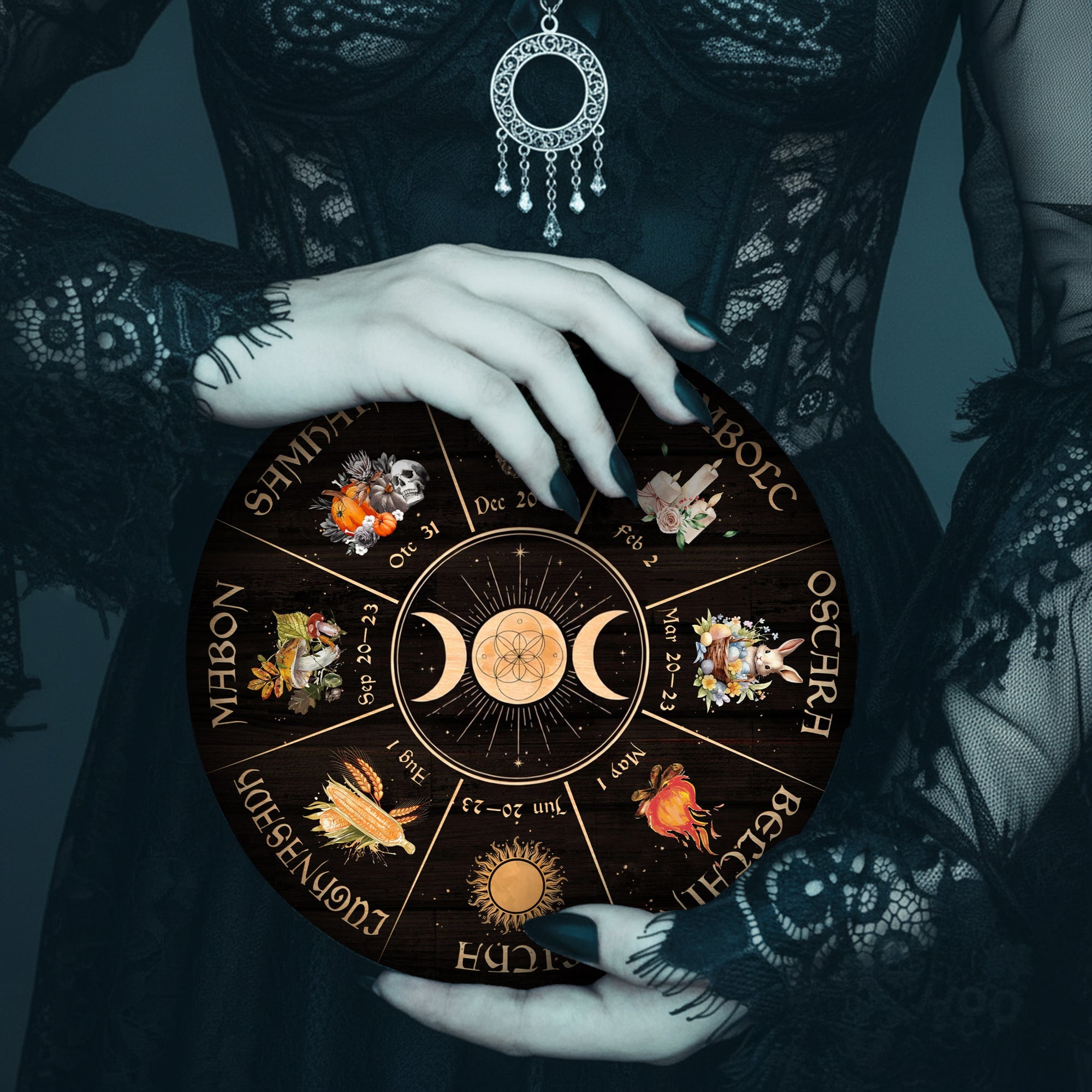 Triple Moon Seasonal Wheel of the Year Wooden Wall Art