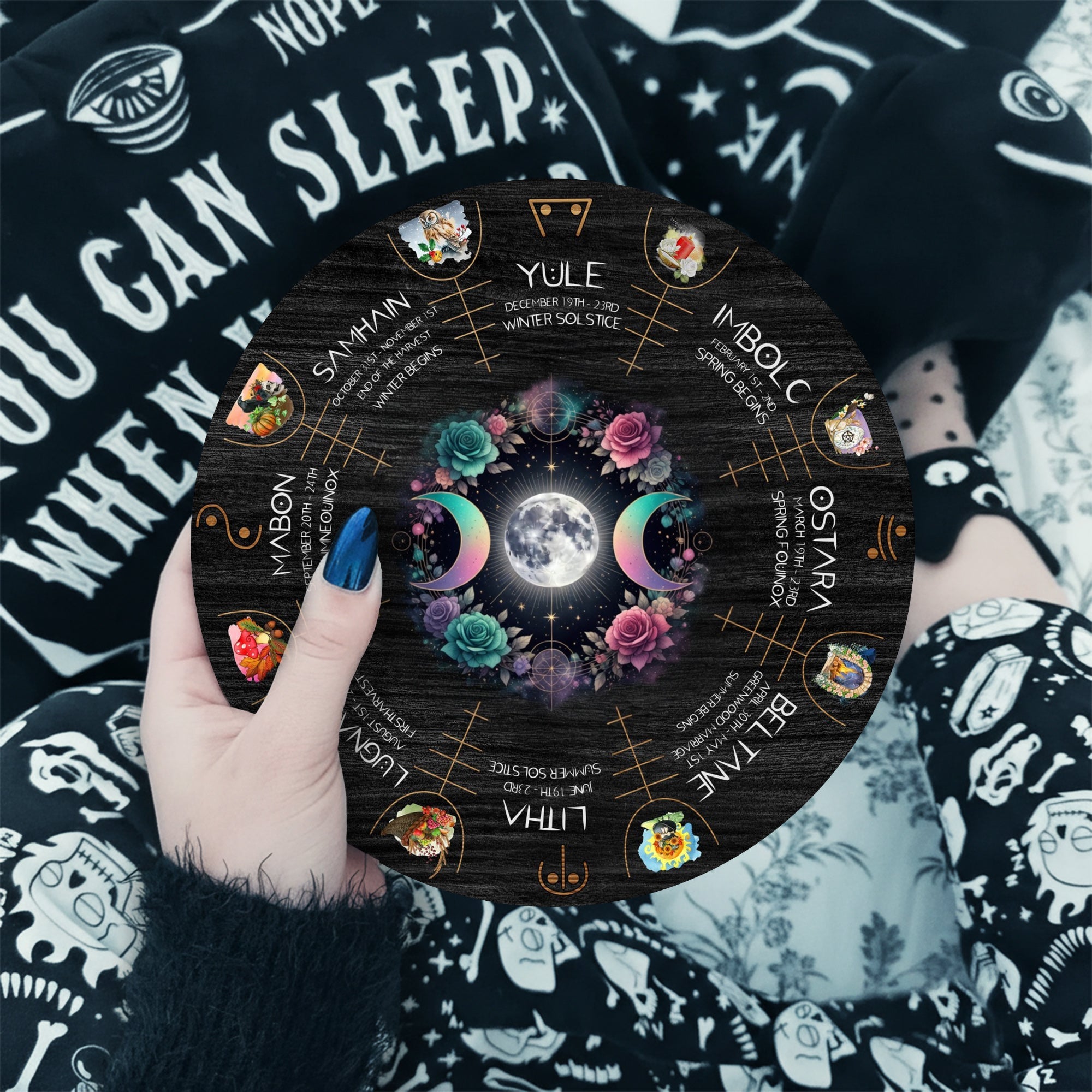 Floral Moon Wheel of the Year Wooden Pagan Wall Decor