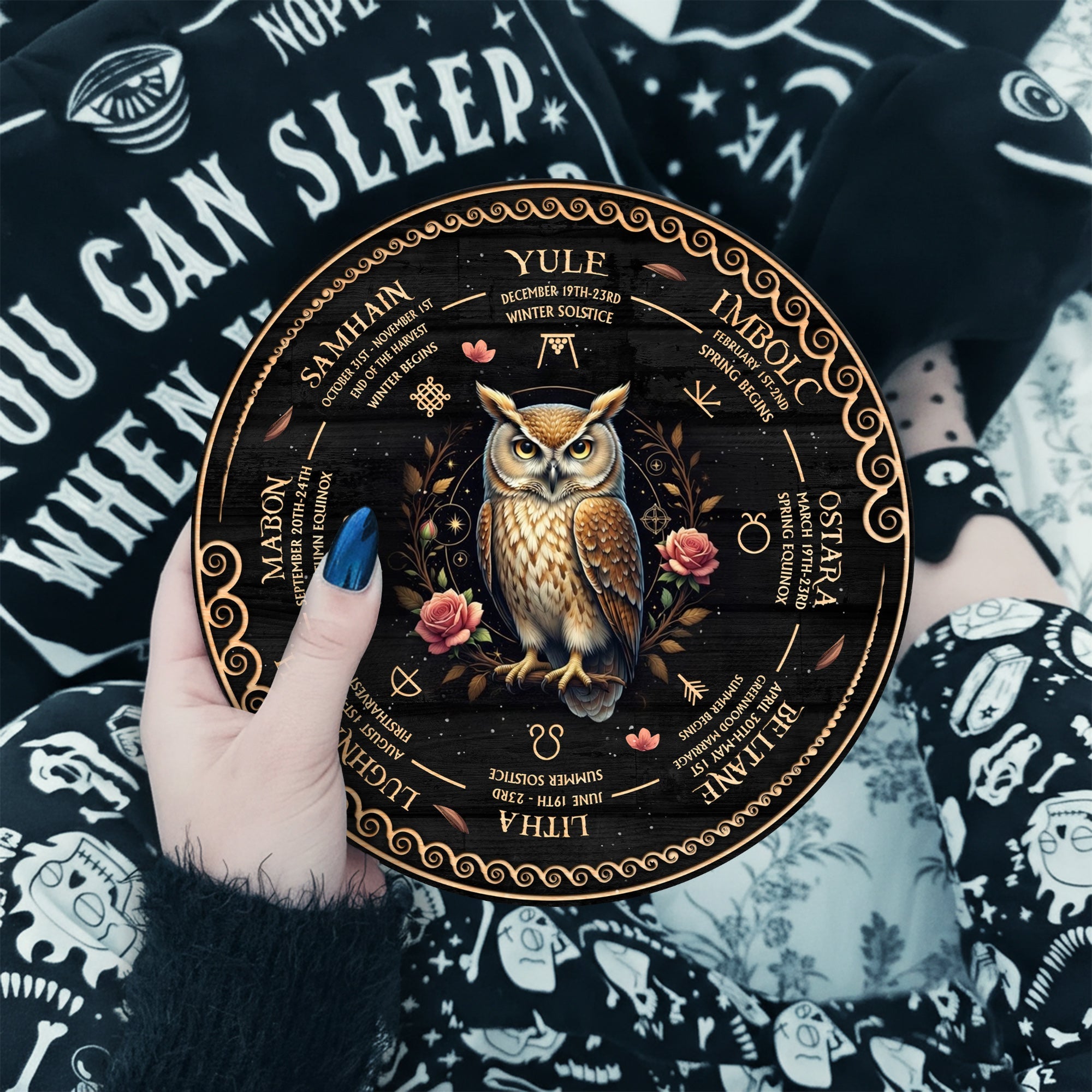 Owl Floral Wheel of the Year Wooden Pagan Wall Decor