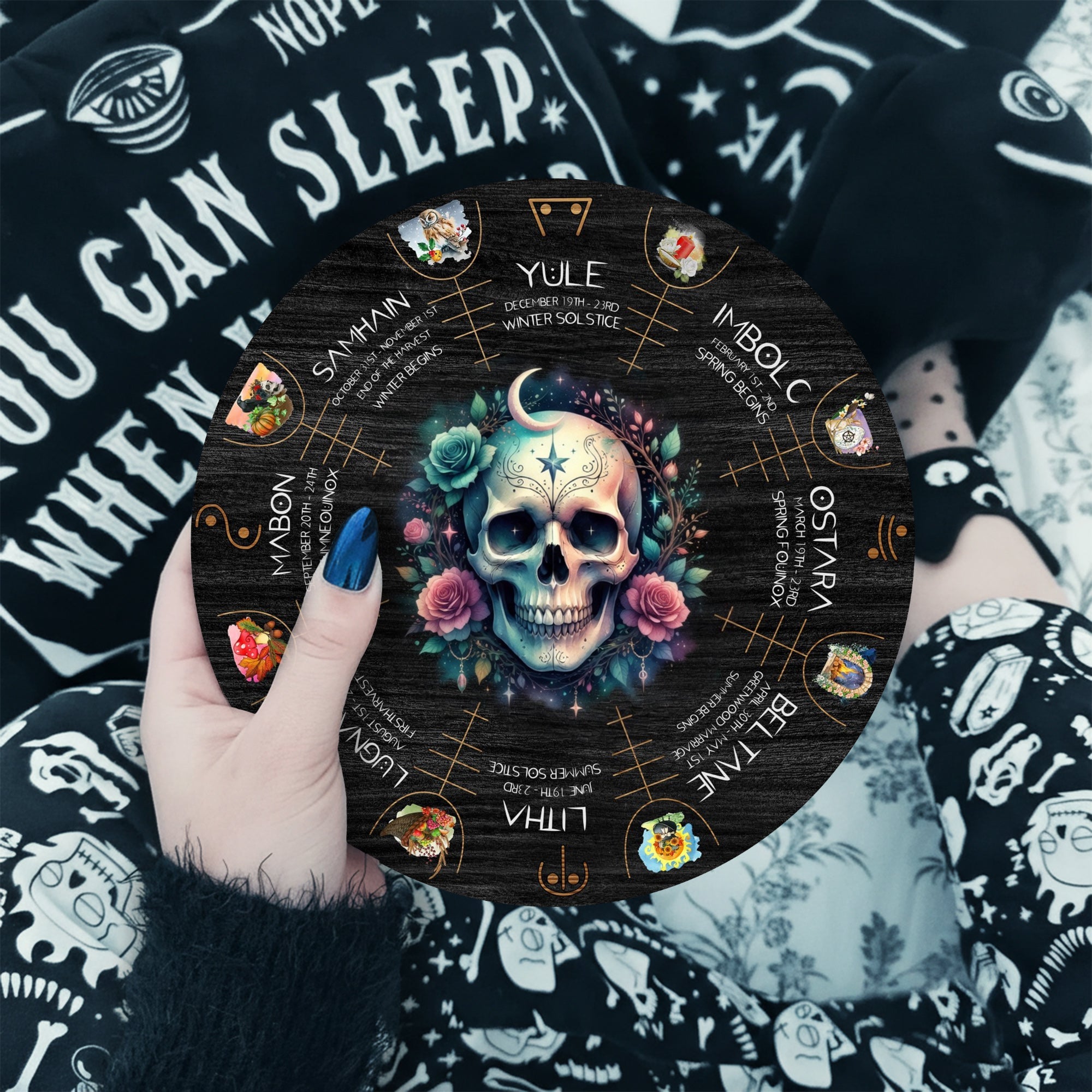 Floral Skull Wheel of the Year Wooden Gothic Wall Art