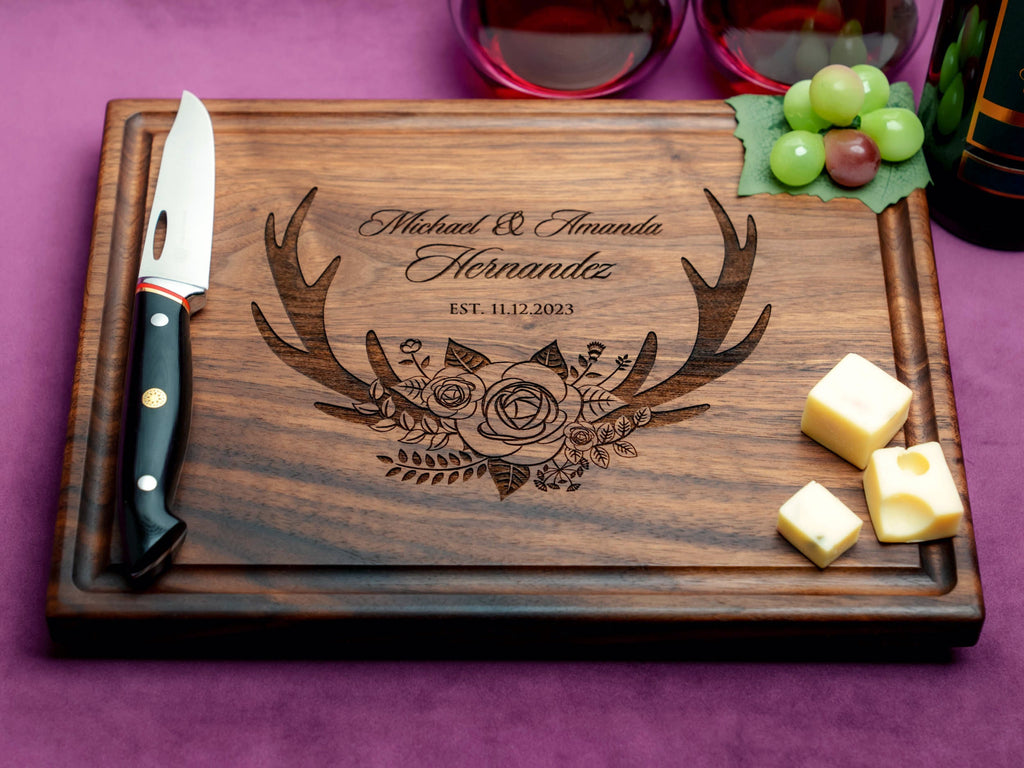 Handmade Cutting Board Personalized Floral Antler Design #412-Wedding & Anniversary Gift for Couples-Housewarming and Closing Present