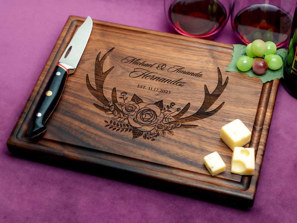 Handmade Cutting Board Personalized Floral Antler Design #412-Wedding & Anniversary Gift for Couples-Housewarming and Closing Present