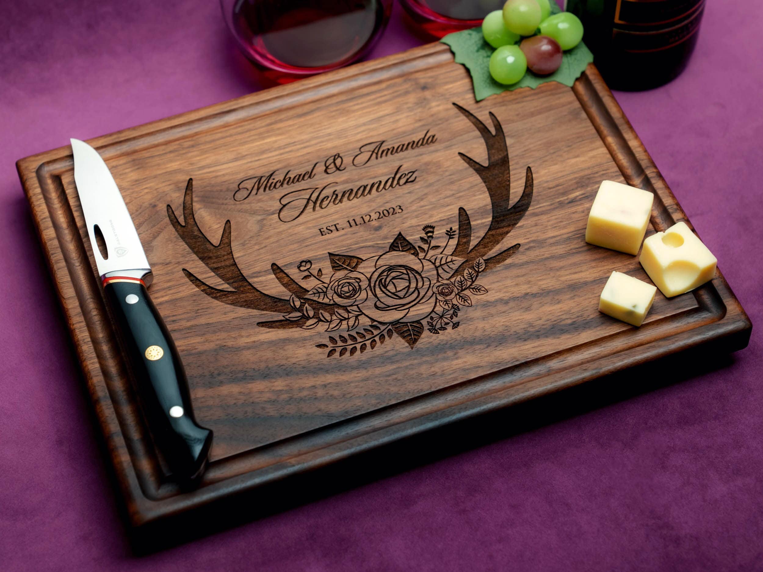 Handmade Cutting Board Personalized Floral Antler Design #412-Wedding & Anniversary Gift for Couples-Housewarming and Closing Present
