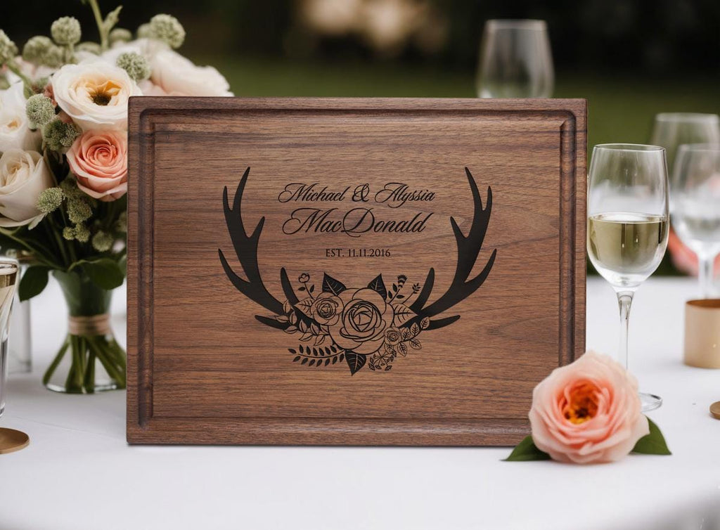 Handmade Cutting Board Personalized Floral Antler Design #412-Wedding & Anniversary Gift for Couples-Housewarming and Closing Present