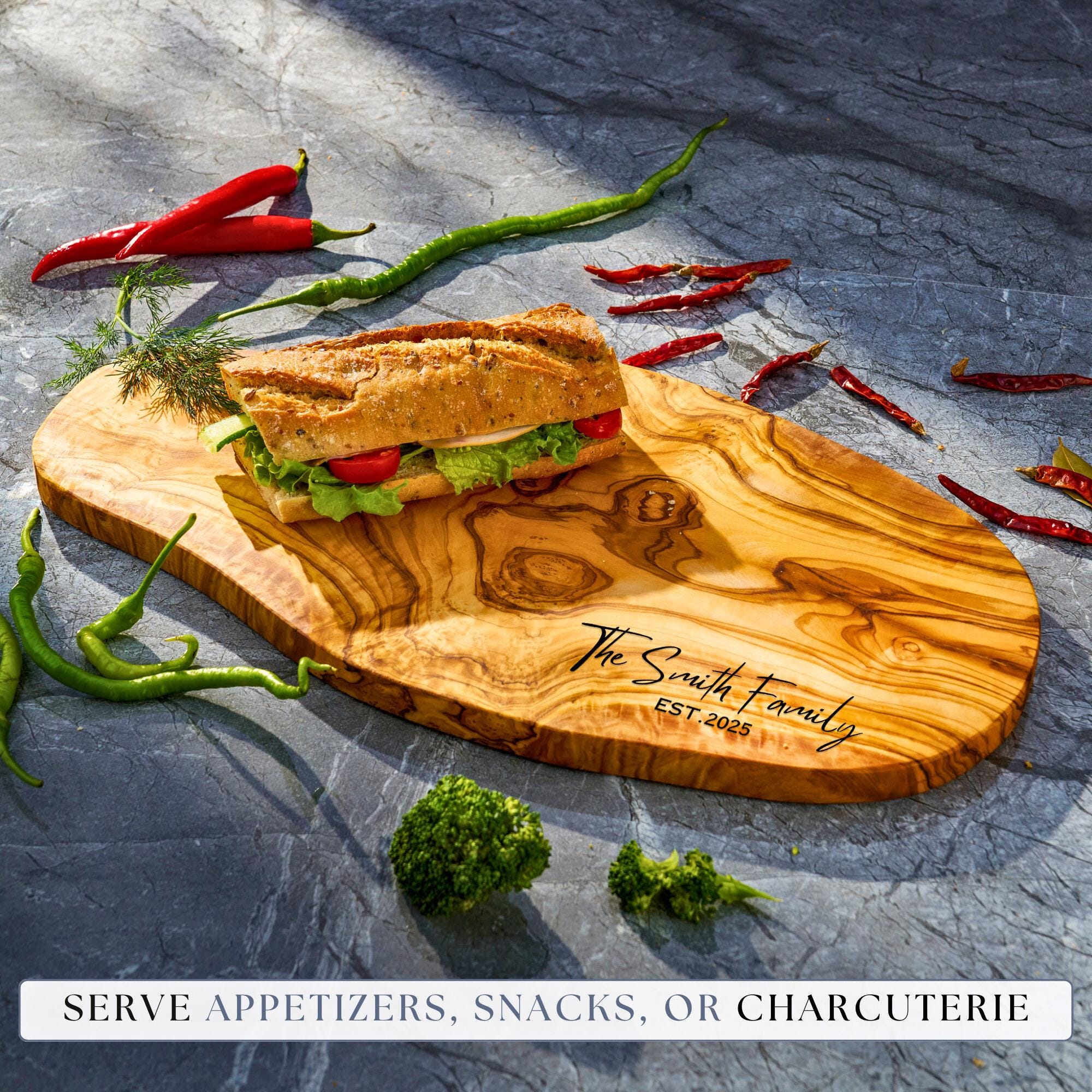 Personalized Charcuterie Board, Olive Wood Cutting board, Rustic Cheese Board Housewarming Gift Wedding Gift For Couple 3rd Anniversary Gift